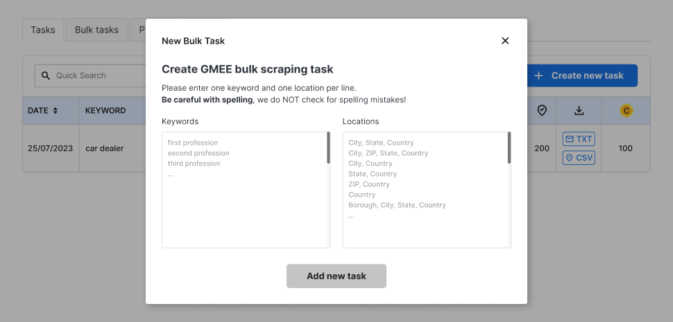 Create Bulk <br> Scraping Task