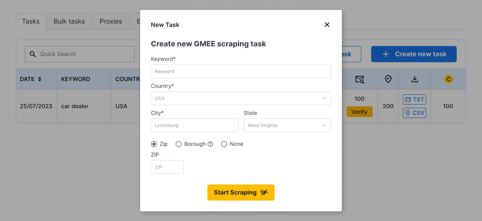 Create Single <br> Scraping Task